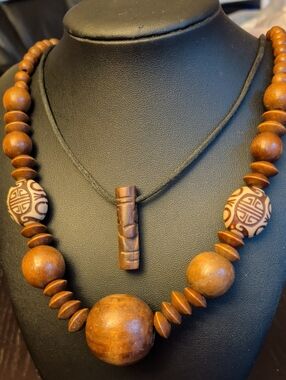 2 Vintage Wooden Necklaces Bundle:  Tiki Totem And Longevity Necklace